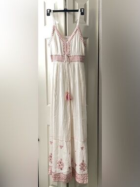 Ivory Boho Maxi Dress with Pink Embroidered Trim